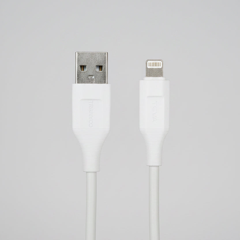 A white USB-A to Lightning cable shown against a black background, with both connector ends visible and the cable extending downward.