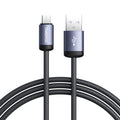 A black braided USB-C to USB-A charging cable with a metallic purple connector housing, shown coiled on a white background. The brand name 'TRAVELCO' is printed vertically on the USB-C connector.