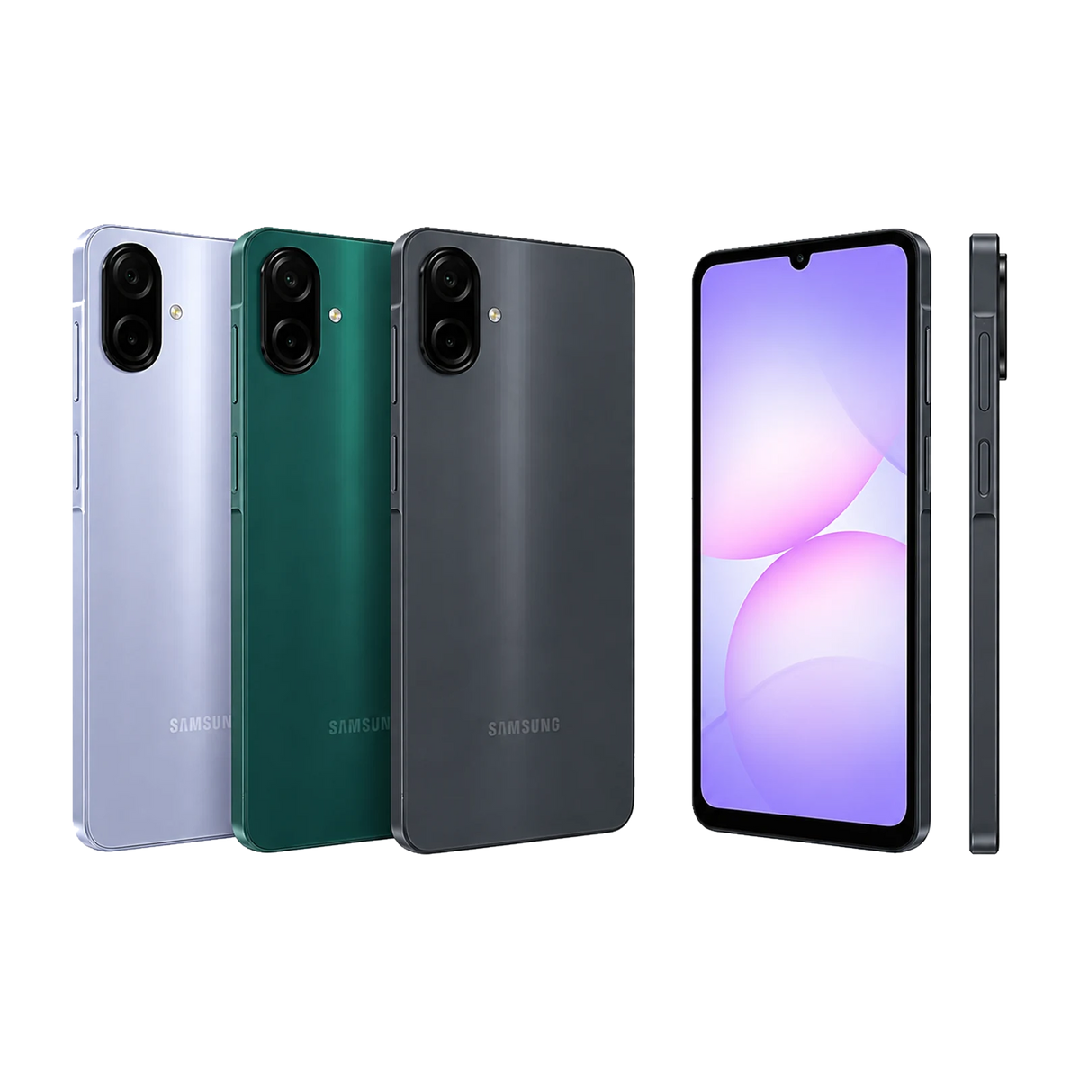 Main - Samsung Galaxy A07 4G in Light Violet, Green and Black colors